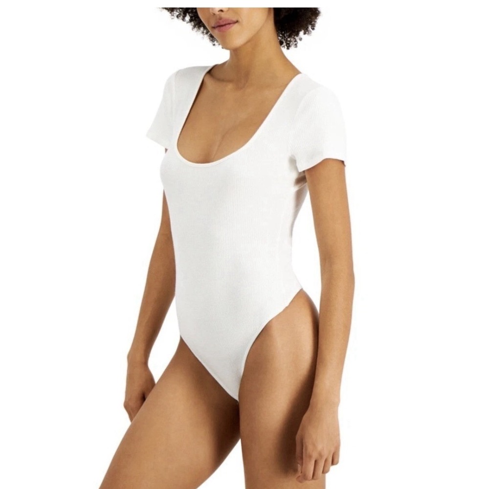 Jenni 2 Pair Women's Ribbed Thong Bodysuit Angel White Medium Square Neck
